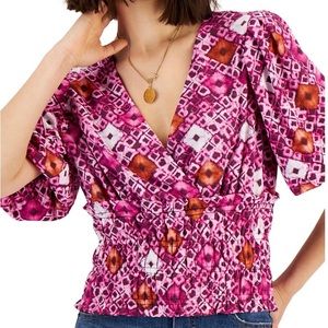 INC International Concepts Printed Smocked Waist Top